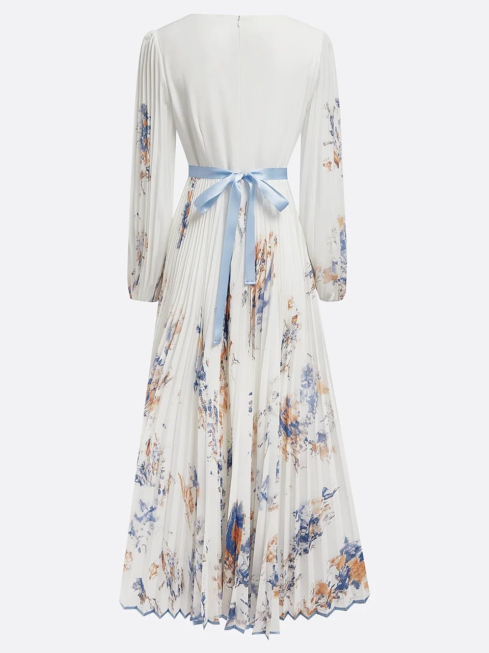 Women's Pleated Floral-Print Deep V-Neck Puff-Sleeve Maxi Dress