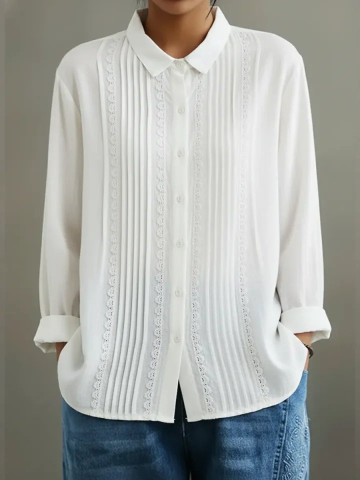 Women's Pleated Lace-Trim Long-Sleeve Button-Up Blouse