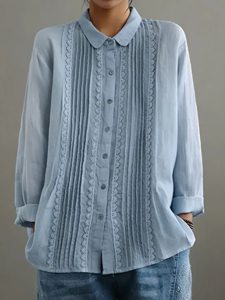 Women's Pleated Lace-Trim Long-Sleeve Button-Up Blouse - Light Blue