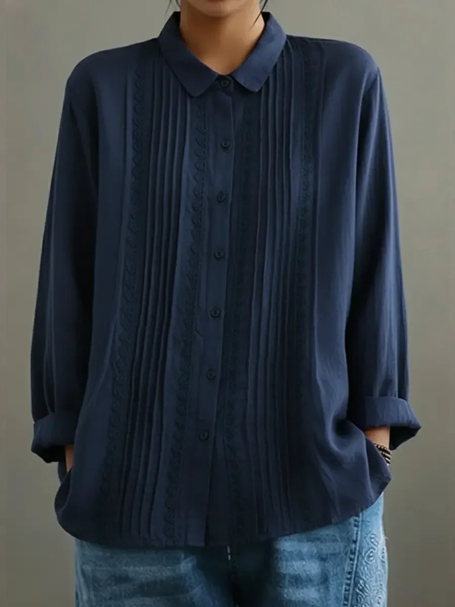 Women's Pleated Lace-Trim Long-Sleeve Button-Up Blouse - Blue