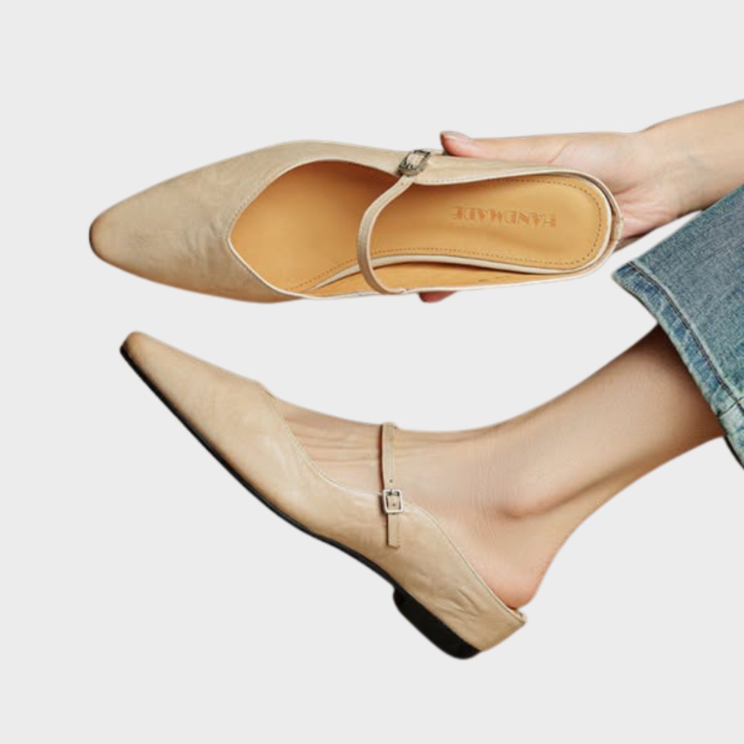Women's Pointed-Toe Mary Jane Leather Slip-On Mule Flats - Beige