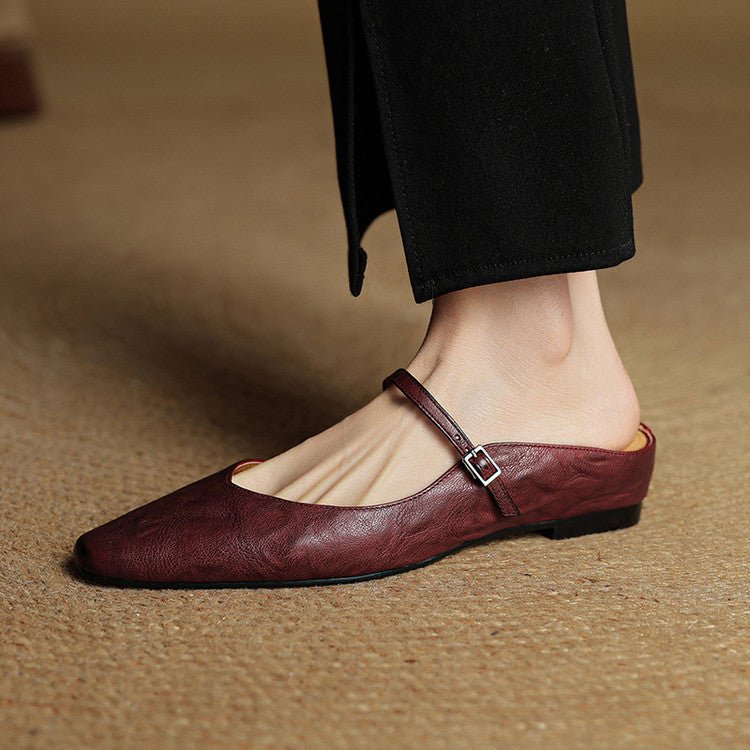 Women's Pointed-Toe Mary Jane Leather Slip-On Mule Flats