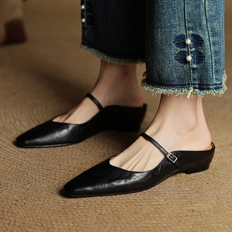 Women's Pointed-Toe Mary Jane Leather Slip-On Mule Flats
