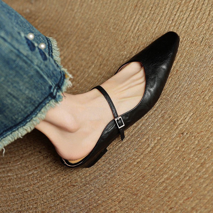 Women's Pointed-Toe Mary Jane Leather Slip-On Mule Flats