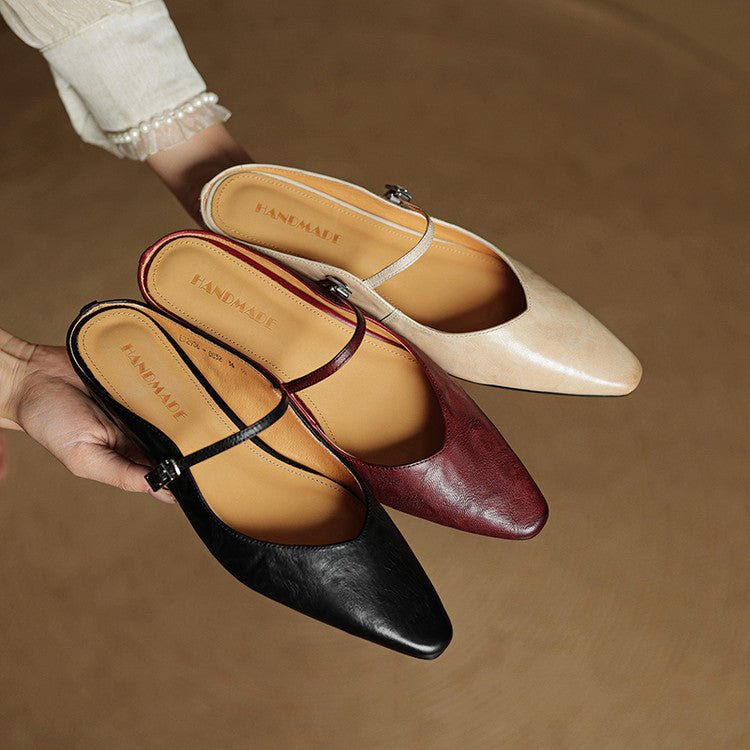 Women's Pointed-Toe Mary Jane Leather Slip-On Mule Flats
