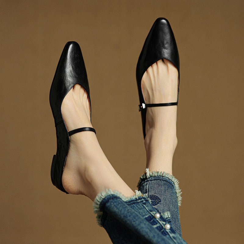 Women's Pointed-Toe Mary Jane Leather Slip-On Mule Flats - Schwarz