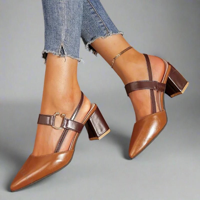 Women's Pointed-Toe Slingback Block-Heel PU Leather Pumps