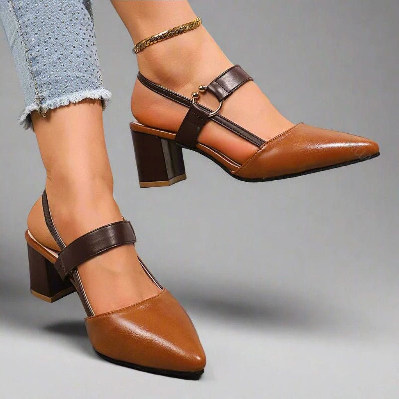 Women's Pointed-Toe Slingback Block-Heel PU Leather Pumps