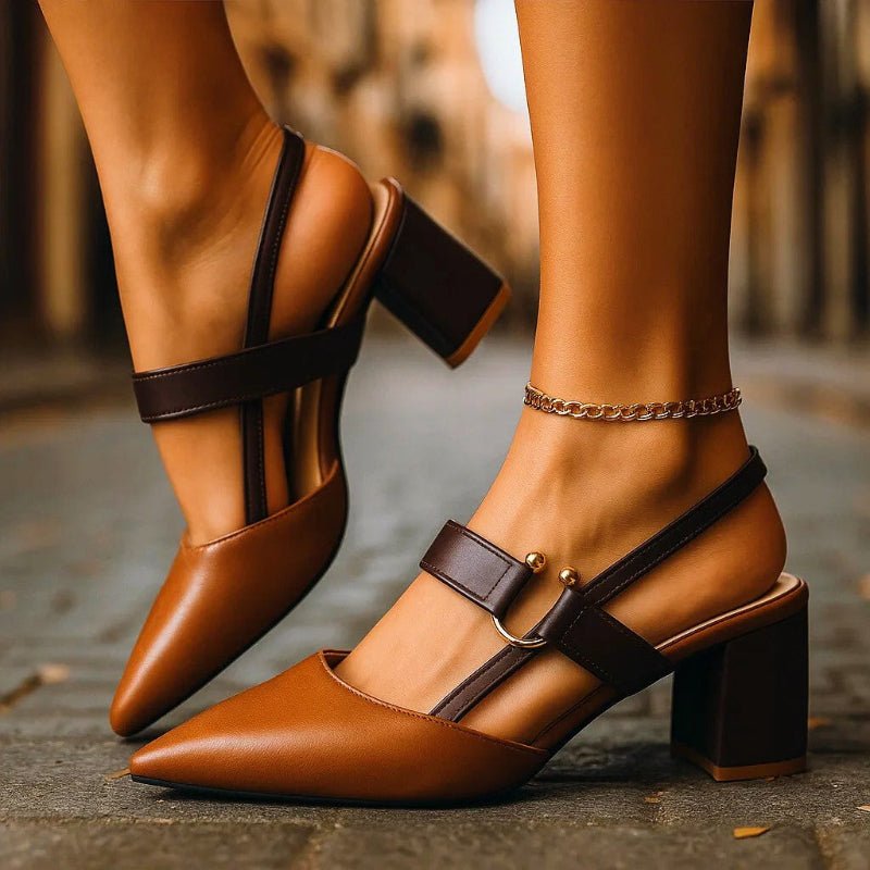 Women's Pointed-Toe Slingback Block-Heel PU Leather Pumps