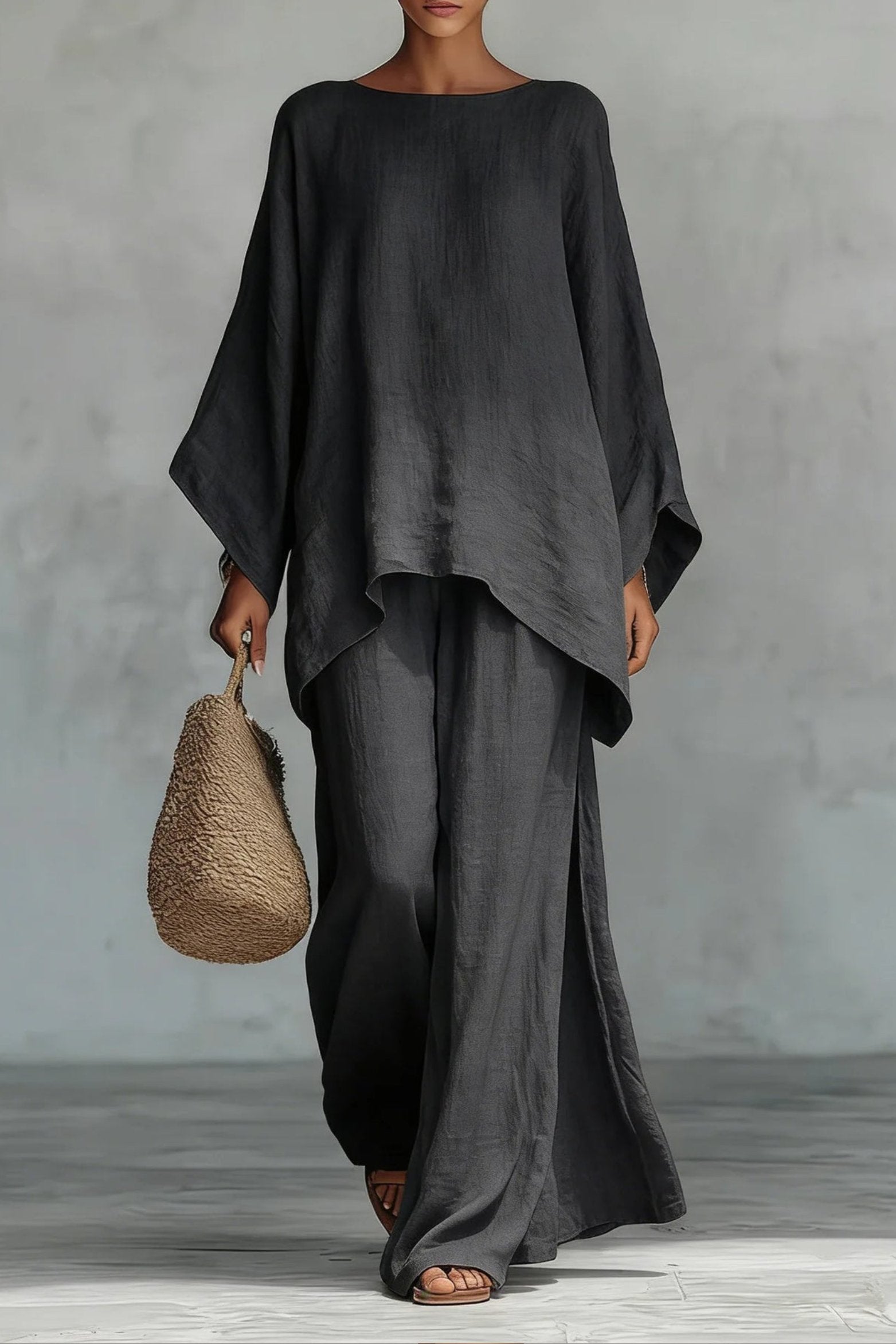 Women's Relaxed-Fit Batwing-Sleeve Linen-Look Wide-Leg Co-ord Set - Dark Grey