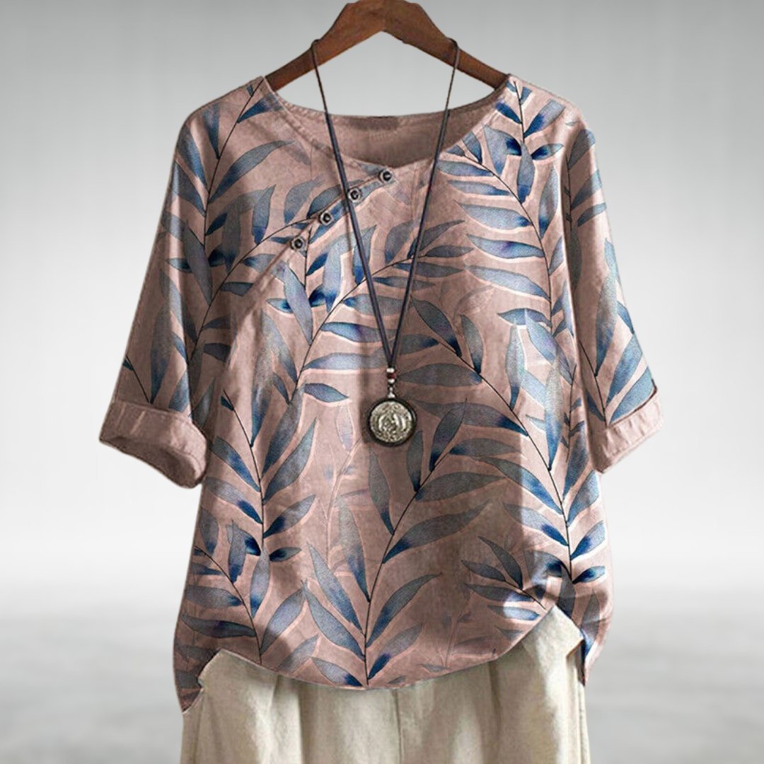 Women's Relaxed-Fit Botanical Leaf Print Linen-Look Short Sleeve Top - Pink