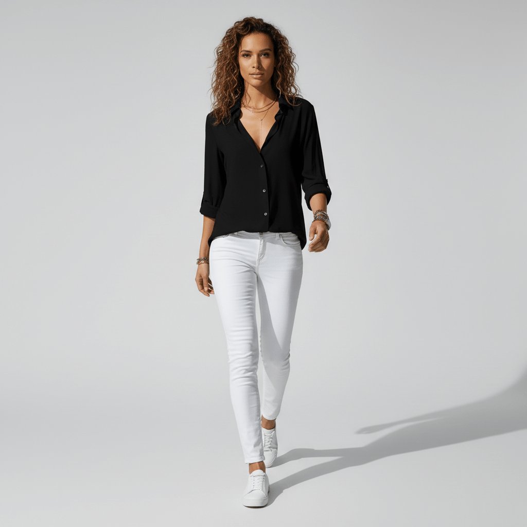 Women's Relaxed-Fit Button-Up Long Sleeve Shirt Collar Blouse