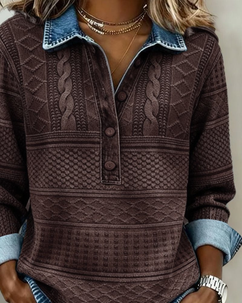 Women's Relaxed-Fit Cable-Knit Half-Button Collar Jumper
