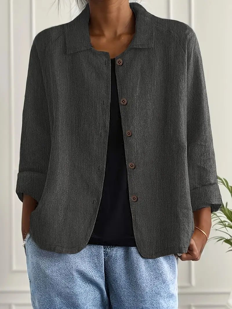 Women's Relaxed-Fit Collared Button-Front Long-Sleeve Shirt Jacket - Dark Grey