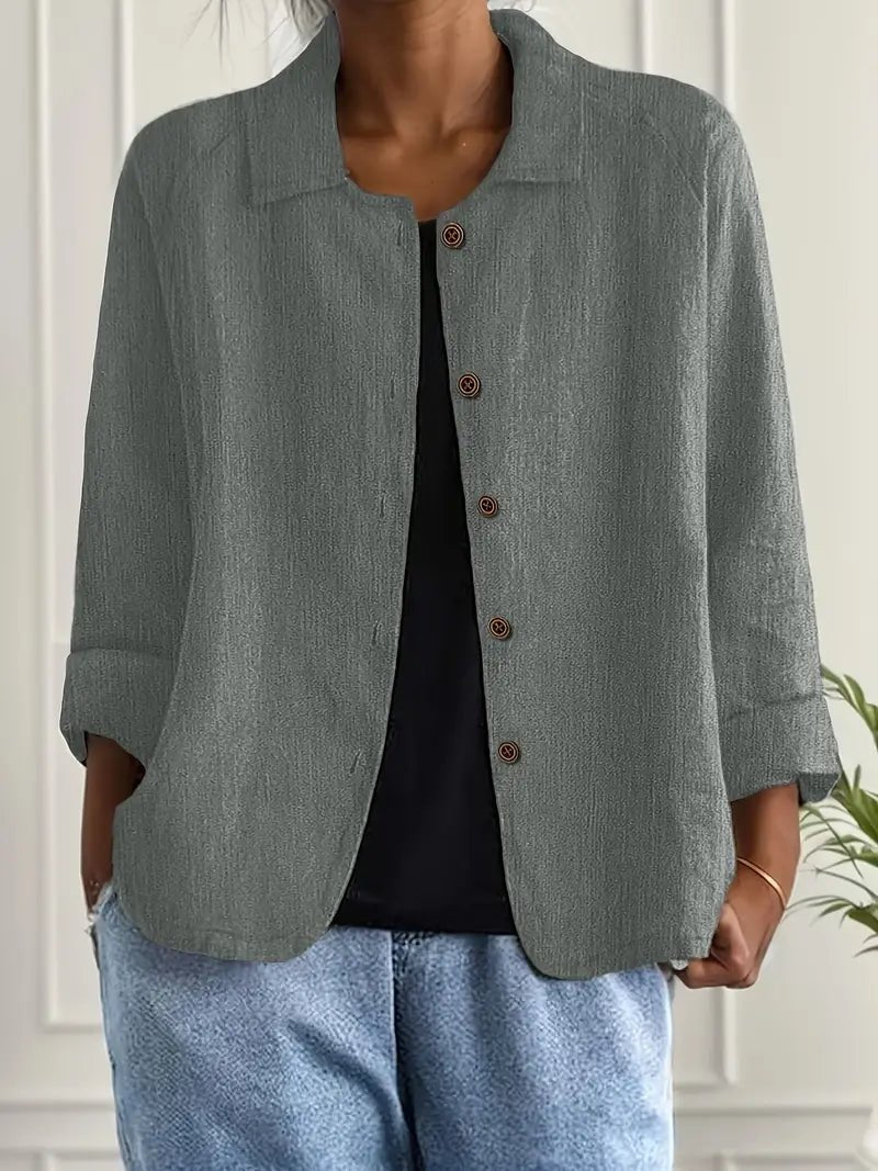 Women's Relaxed-Fit Collared Button-Front Long-Sleeve Shirt Jacket - Grey