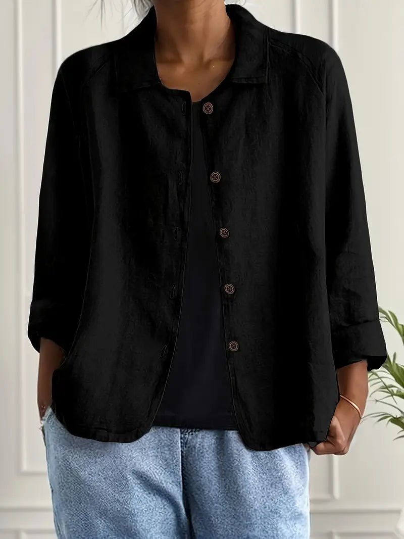 Women's Relaxed-Fit Collared Button-Front Long-Sleeve Shirt Jacket - Black