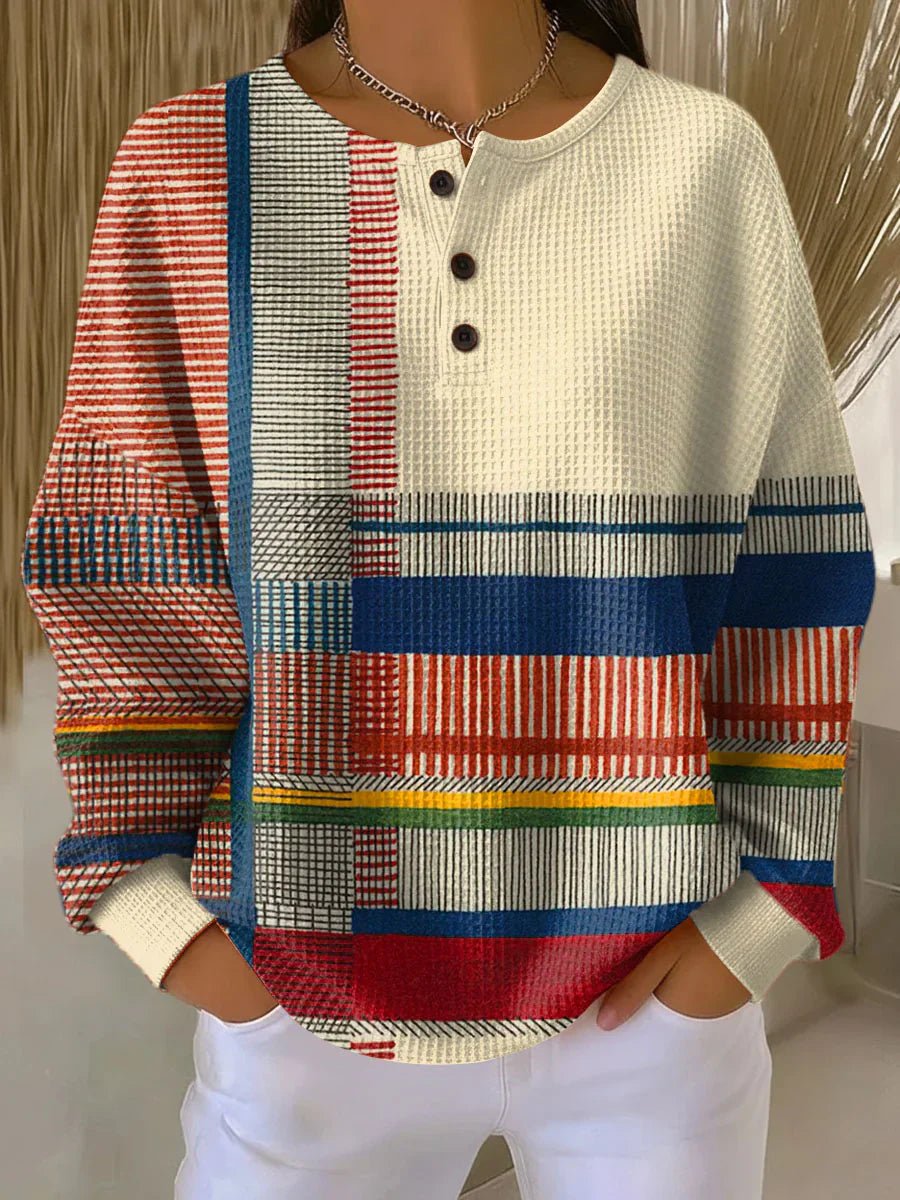 Women's Relaxed-Fit Colour-Block Waffle-Knit Henley Jumper - Multicolored