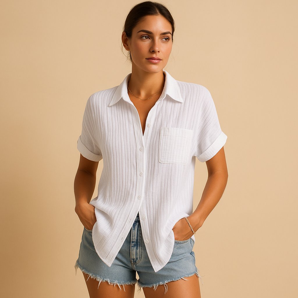 Women's Relaxed-Fit Cotton Gauze Short-Sleeve Chest-Pocket Shirt