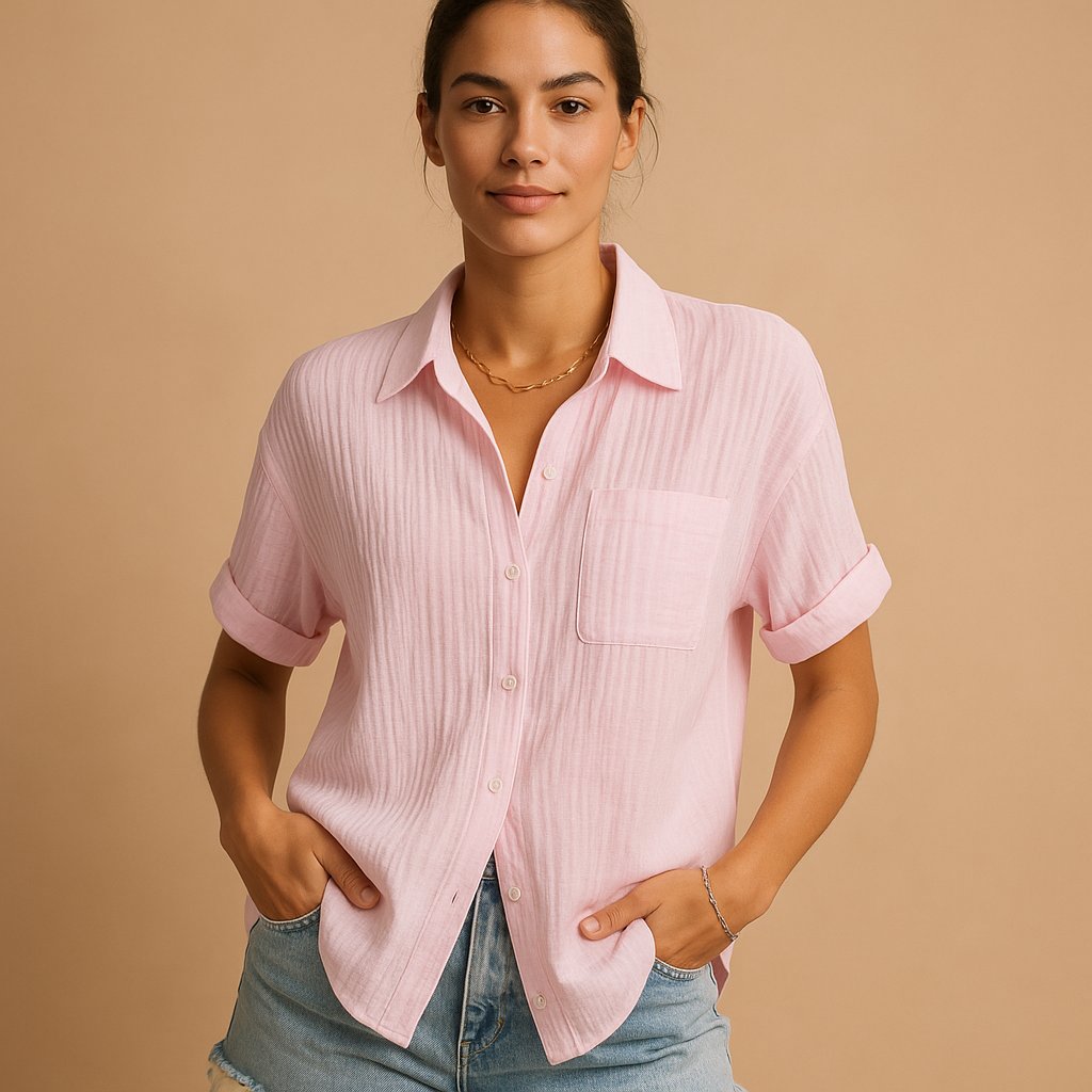 Women's Relaxed-Fit Cotton Gauze Short-Sleeve Chest-Pocket Shirt - Pink