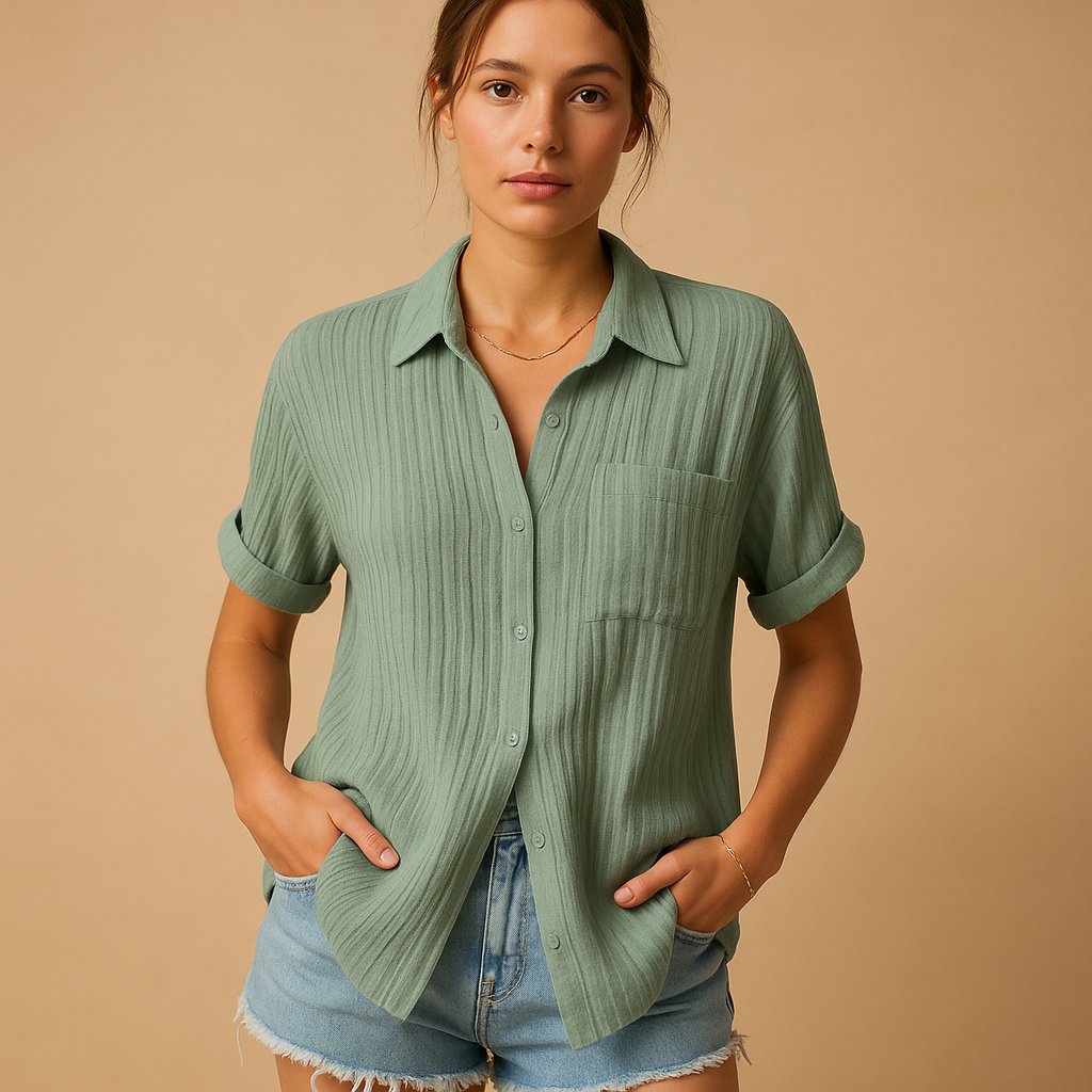 Women's Relaxed-Fit Cotton Gauze Short-Sleeve Chest-Pocket Shirt - Green