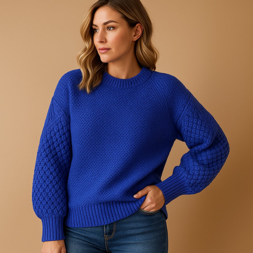 Women's Relaxed-Fit Crew-Neck Cable-Sleeve Knit Jumper - Blue