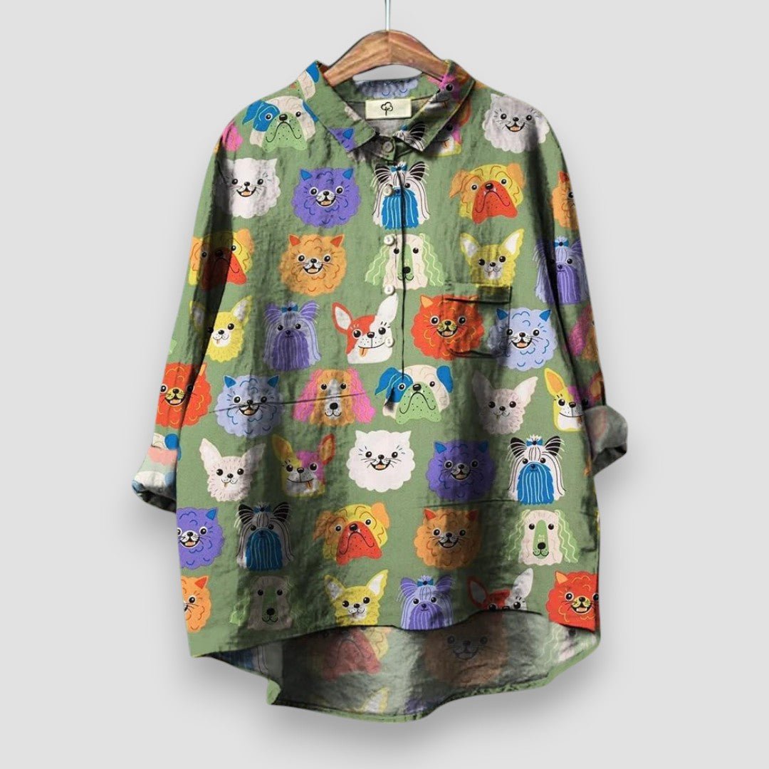 Women's Relaxed-Fit Dog Print Long Sleeve Collared Button Shirt - Green