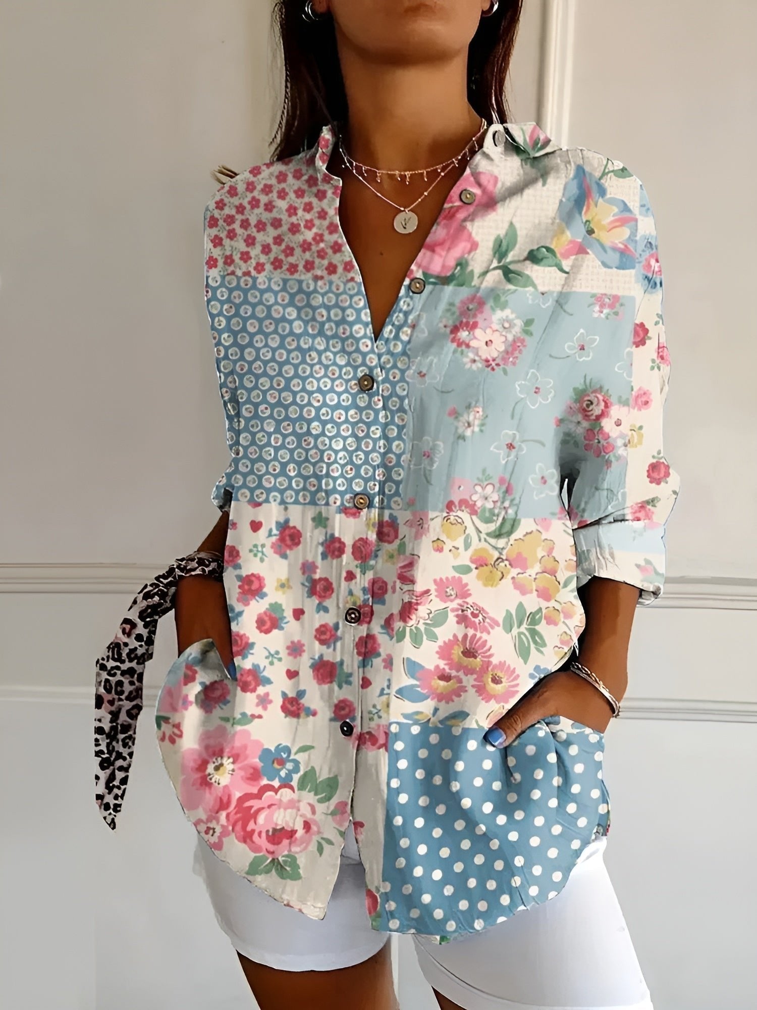 Women's Relaxed-Fit Floral Button-Down Lightweight Blouse - Blue Flower