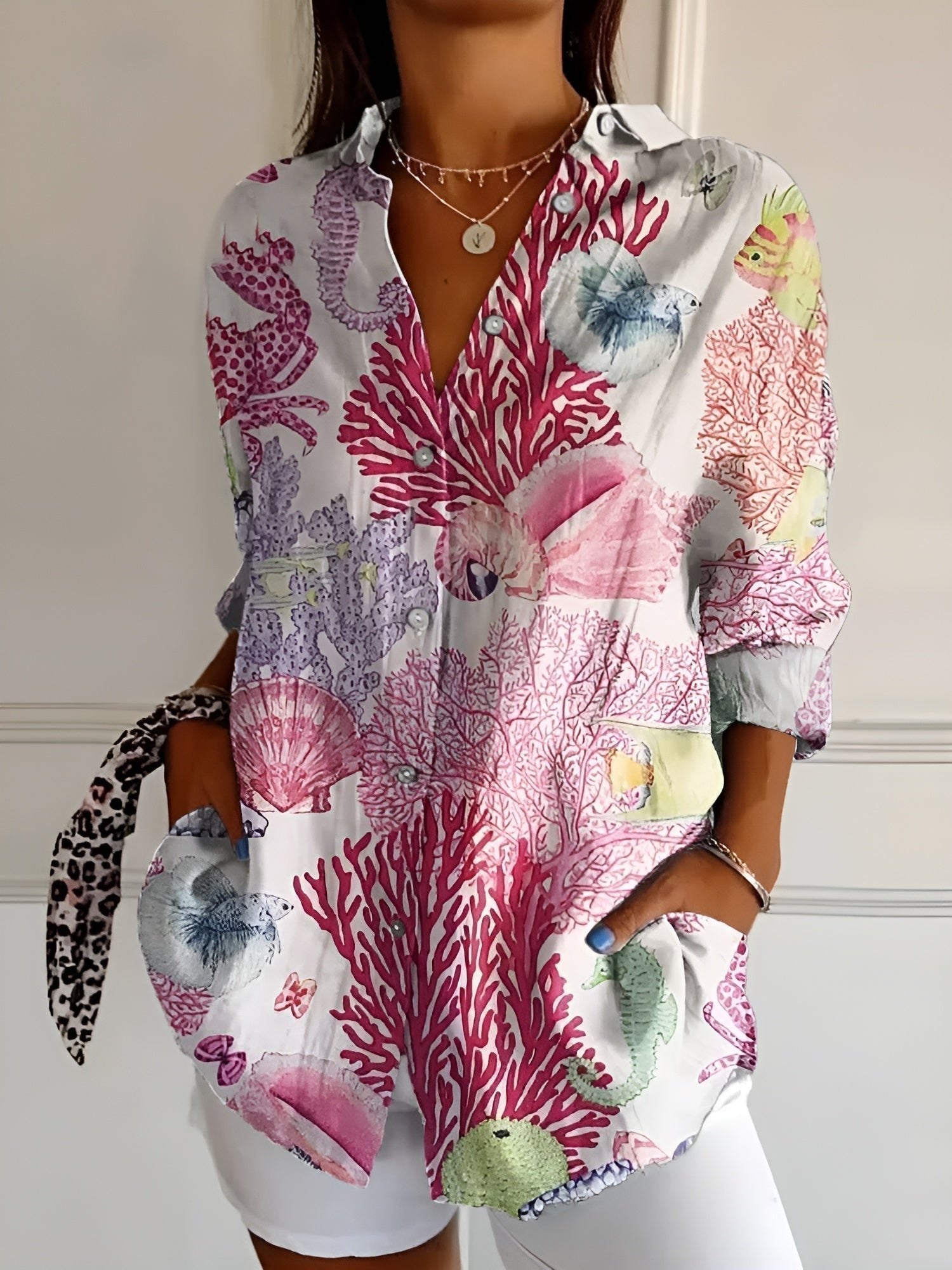 Women's Relaxed-Fit Floral Button-Down Lightweight Blouse - Corals