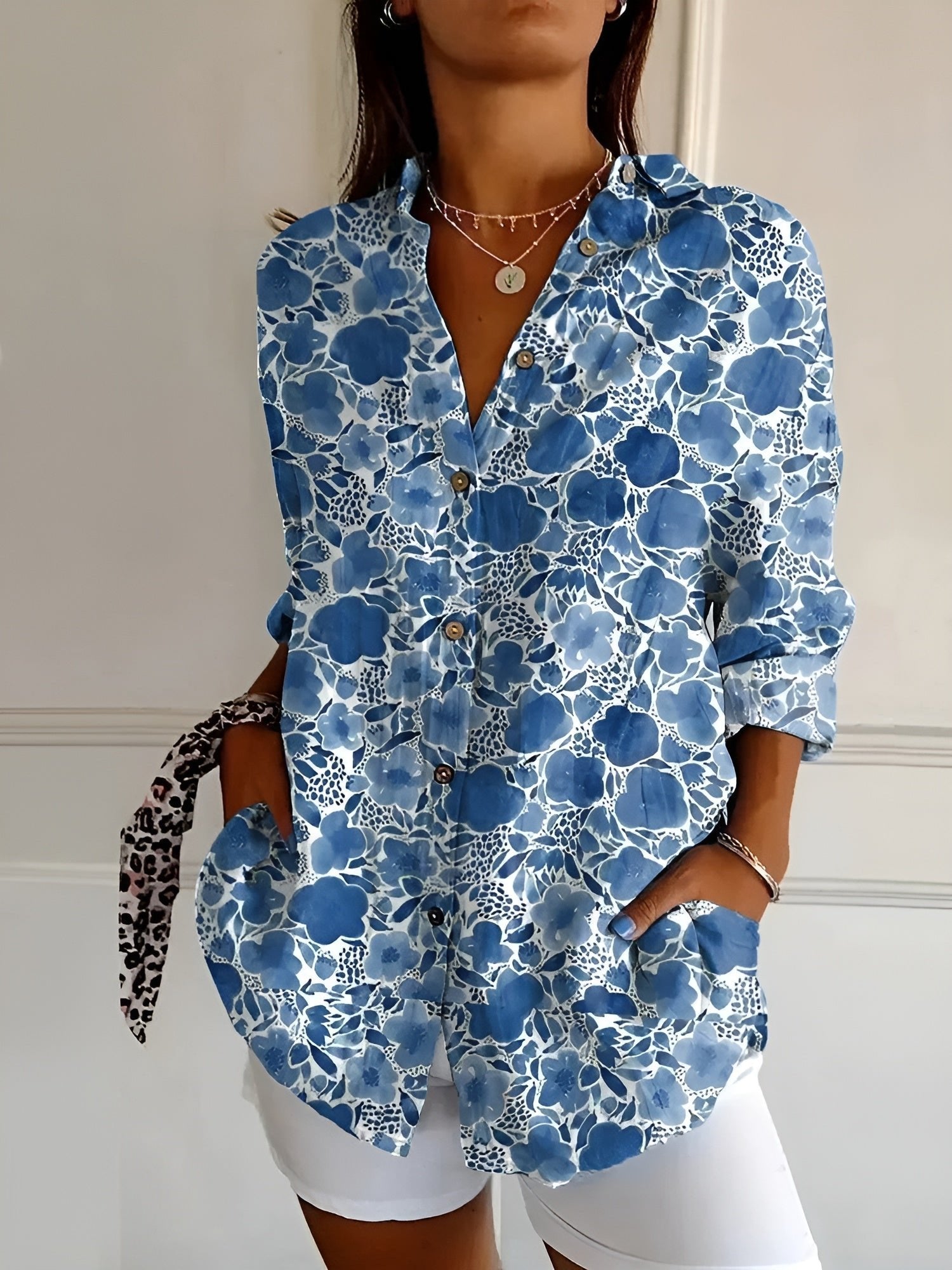 Women's Relaxed-Fit Floral Button-Down Lightweight Blouse - Dark Blue Flower