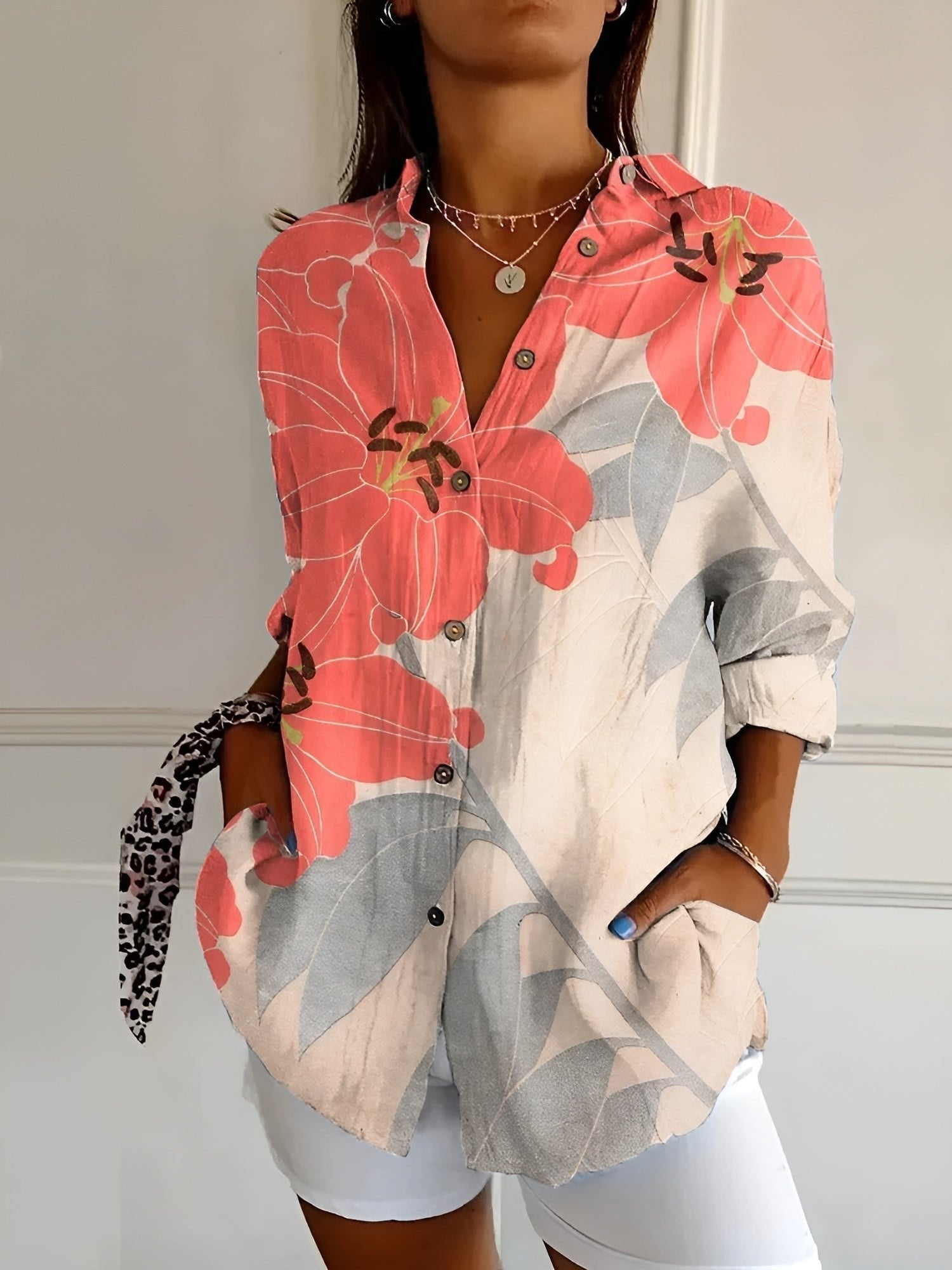 Women's Relaxed-Fit Floral Button-Down Lightweight Blouse - Orange Flower