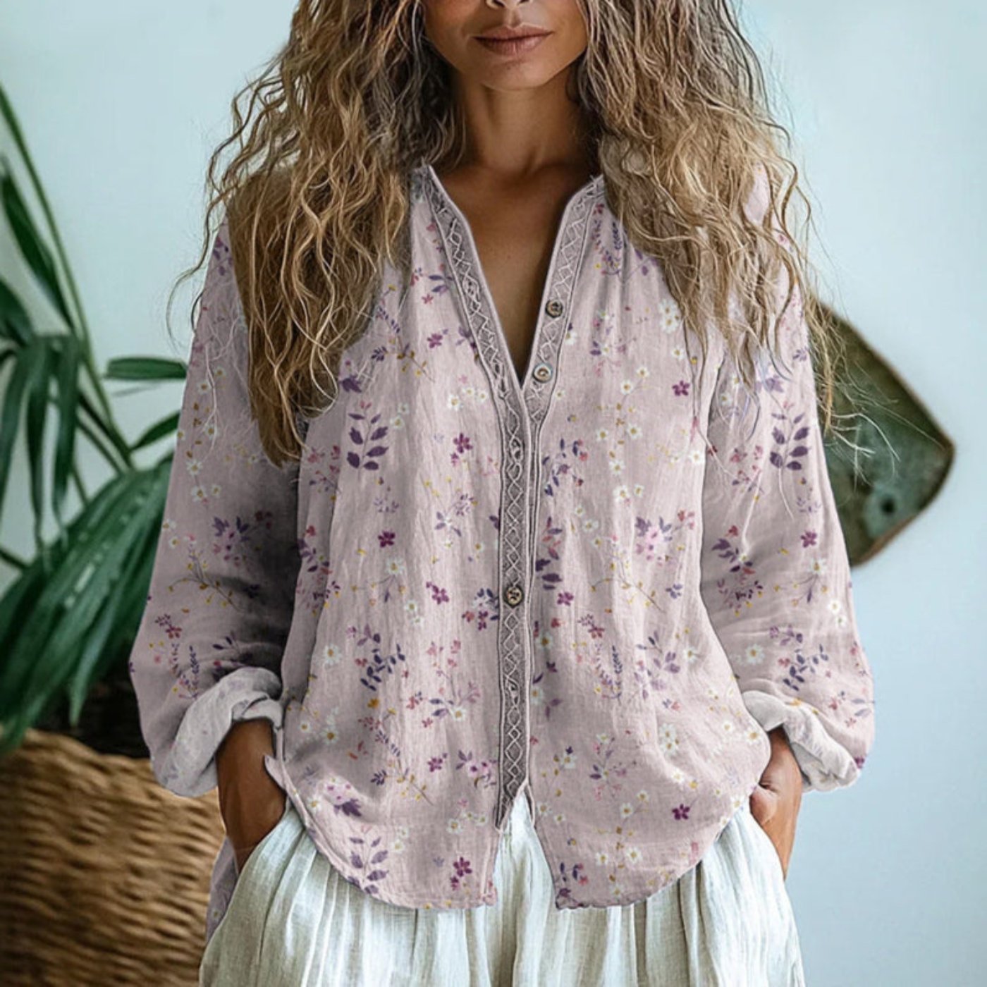 Women's Relaxed-Fit Linen Long-Sleeve V-Neck Button-Down Blouse - Light Pink