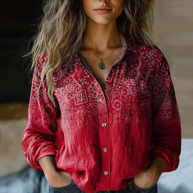 Women's Relaxed-Fit Long-Sleeve Paisley Bohemian Button-Up Blouse - Red