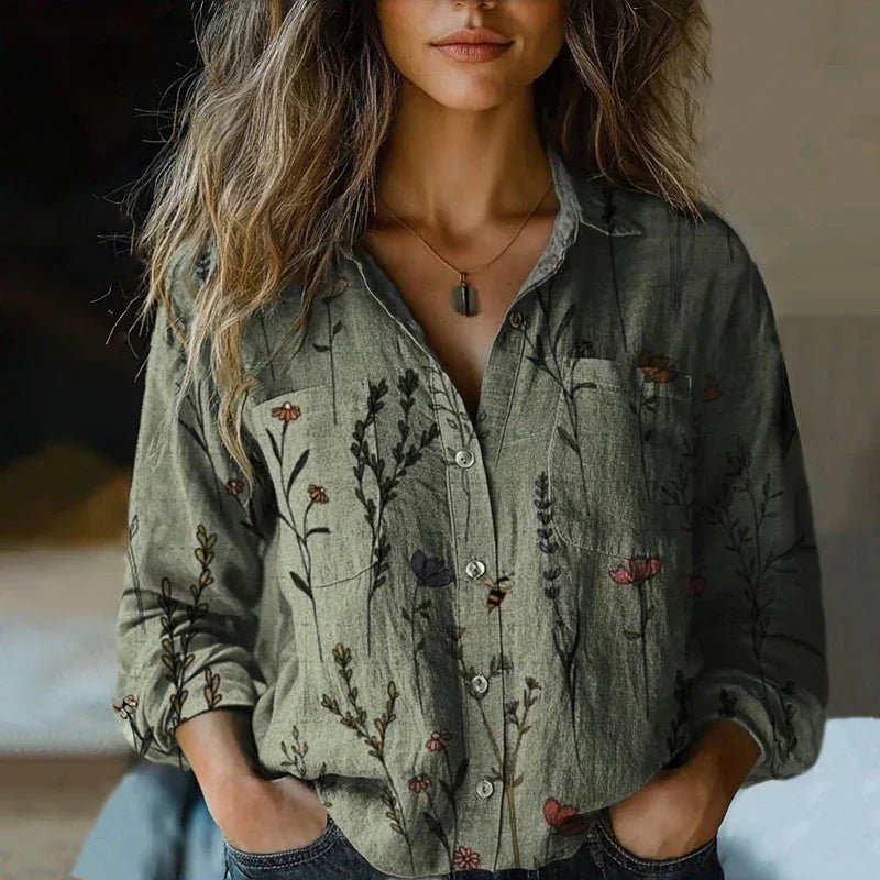 Women's Relaxed-Fit Long-Sleeve Paisley Bohemian Button-Up Blouse - Green