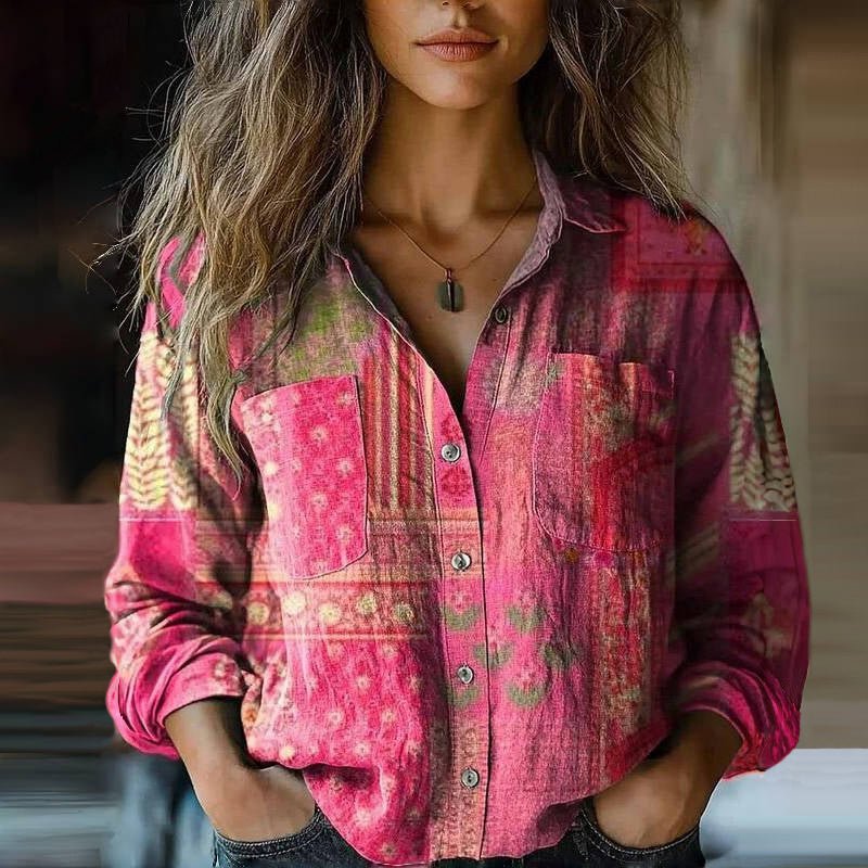 Women's Relaxed-Fit Long-Sleeve Paisley Bohemian Button-Up Blouse - Pink