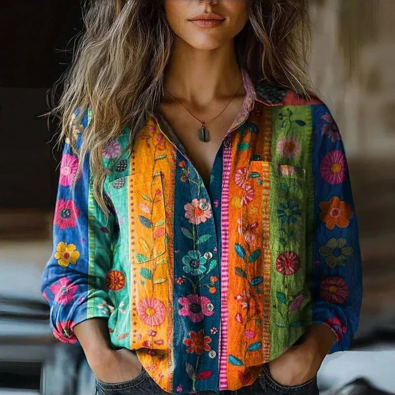 Women's Relaxed-Fit Long-Sleeve Paisley Bohemian Button-Up Blouse - Multicolored