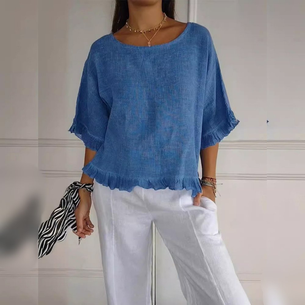 Women's Relaxed-Fit Ruffle-Hem Lightweight Linen Blouse