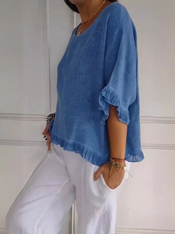 Women's Relaxed-Fit Ruffle-Hem Lightweight Linen Blouse