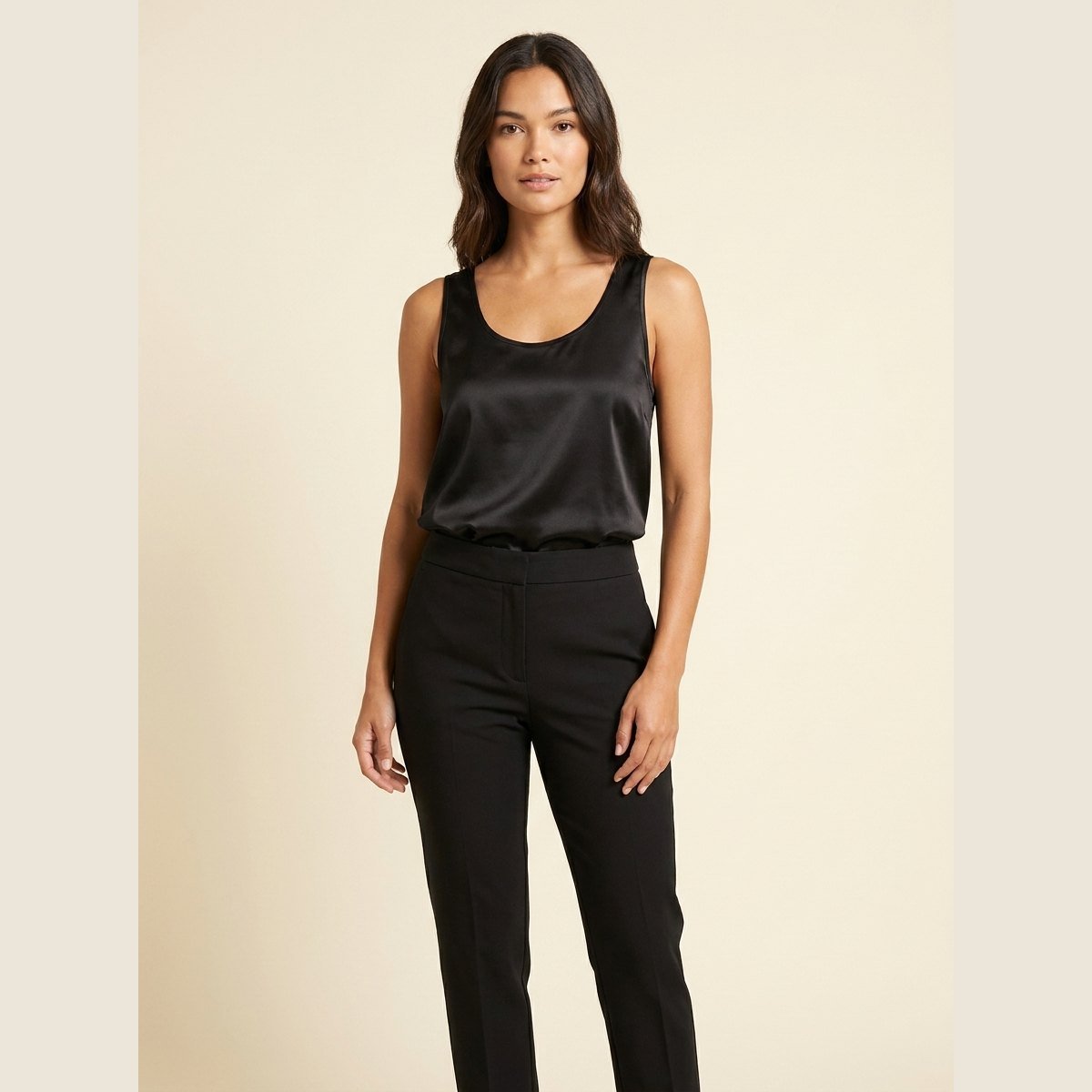 Women's Relaxed-Fit Satin Tank Top Plunging U-Neck - Black