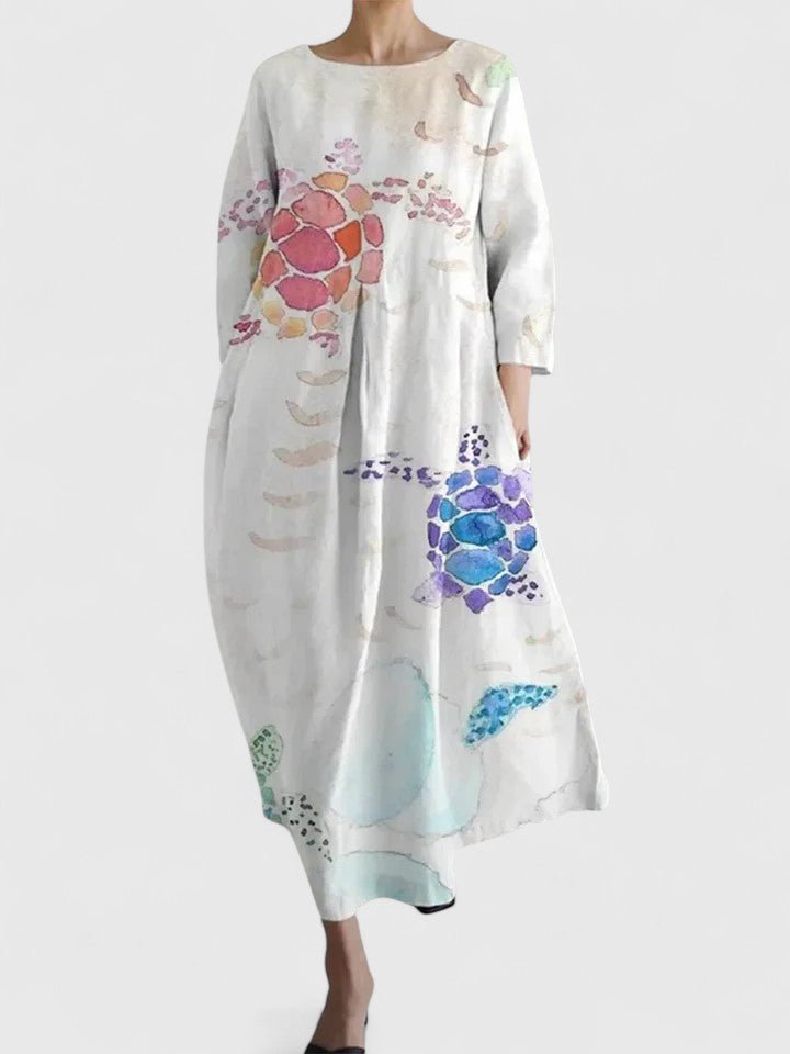 Women's Relaxed-Fit Sea Turtle Print Round-Neck Midi Dress - Flower 1