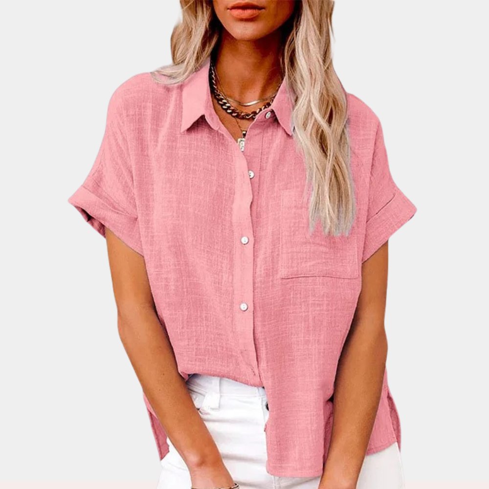 Women's Relaxed-Fit Short-Sleeve Button-Down Linen-Look Shirt - Pink
