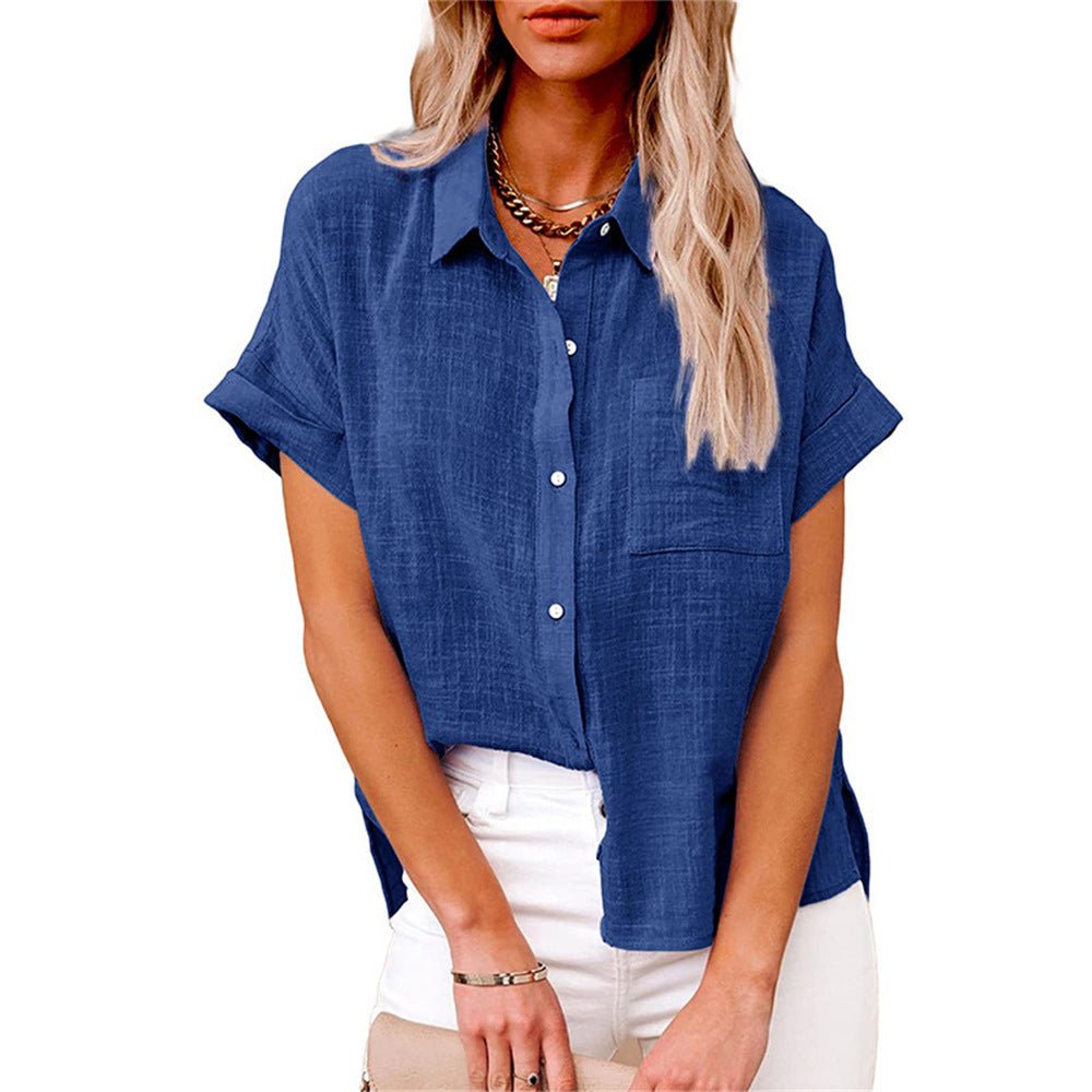 Women's Relaxed-Fit Short-Sleeve Button-Down Linen-Look Shirt - Royal Blue