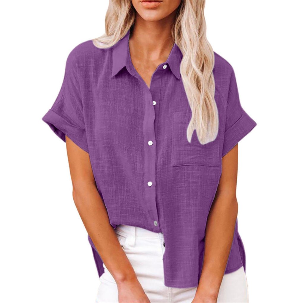 Women's Relaxed-Fit Short-Sleeve Button-Down Linen-Look Shirt - Purple