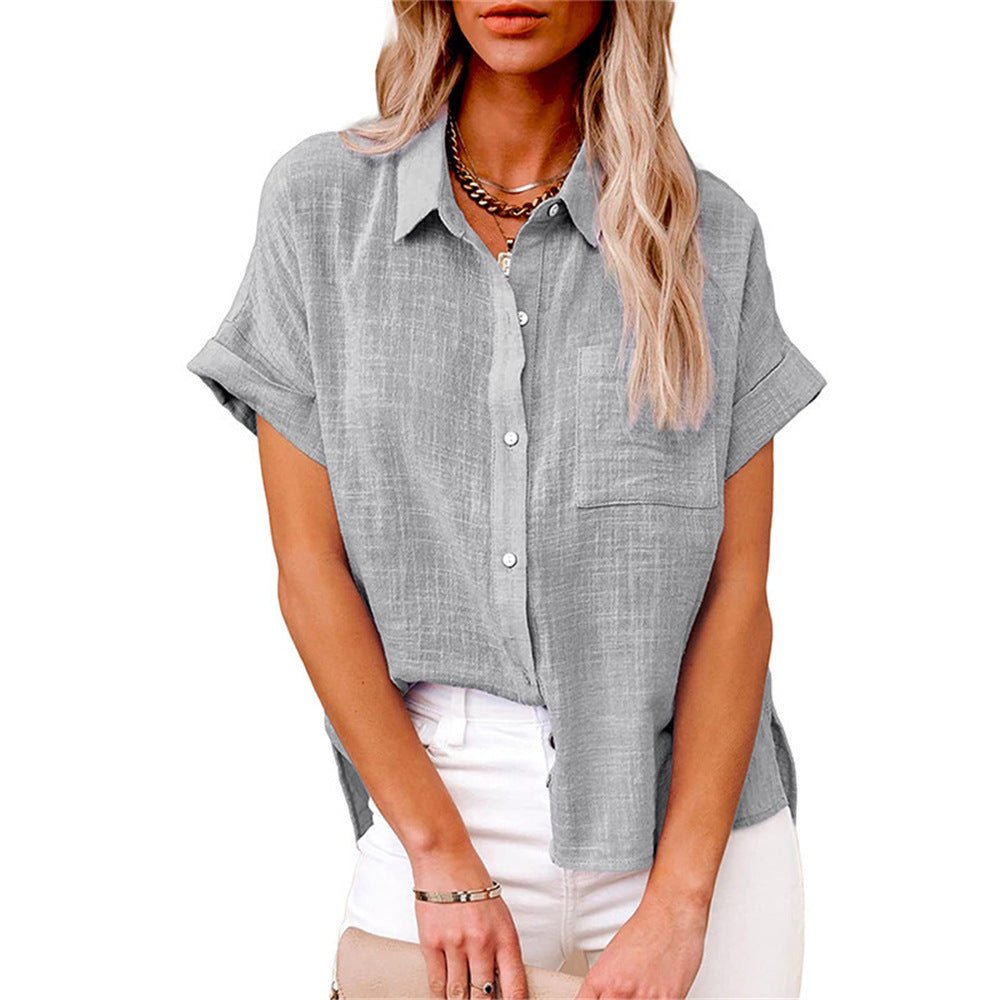 Women's Relaxed-Fit Short-Sleeve Button-Down Linen-Look Shirt - Gray