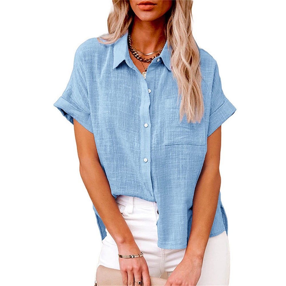 Women's Relaxed-Fit Short-Sleeve Button-Down Linen-Look Shirt - Light Blue
