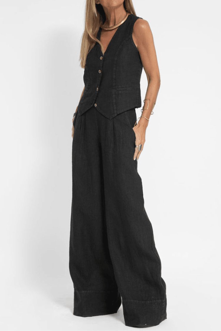 Women's Relaxed-Fit Sleeveless Button-Front Vest Wide-Leg Trouser Set - Black