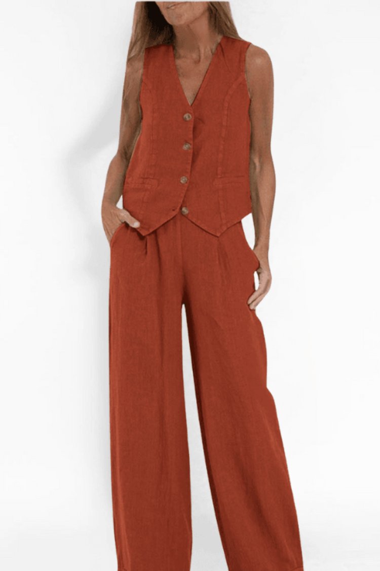 Women's Relaxed-Fit Sleeveless Button-Front Vest Wide-Leg Trouser Set - Orange