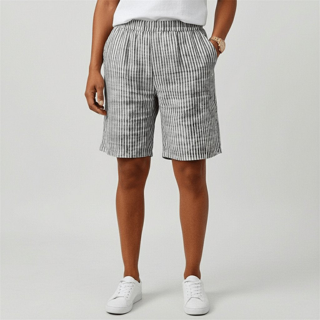 Women's Relaxed-Fit Striped Elastic-Waist Casual Summer Shorts - Monochrome Grey