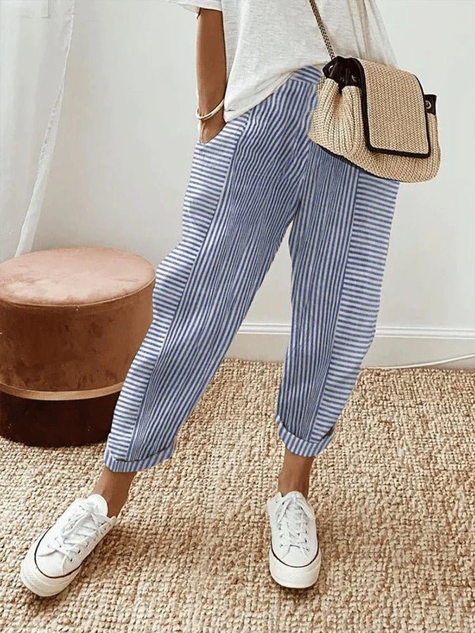 Women's Relaxed-Fit Striped Linen-Feel Elasticated-Waist Tapered Trousers - Blue