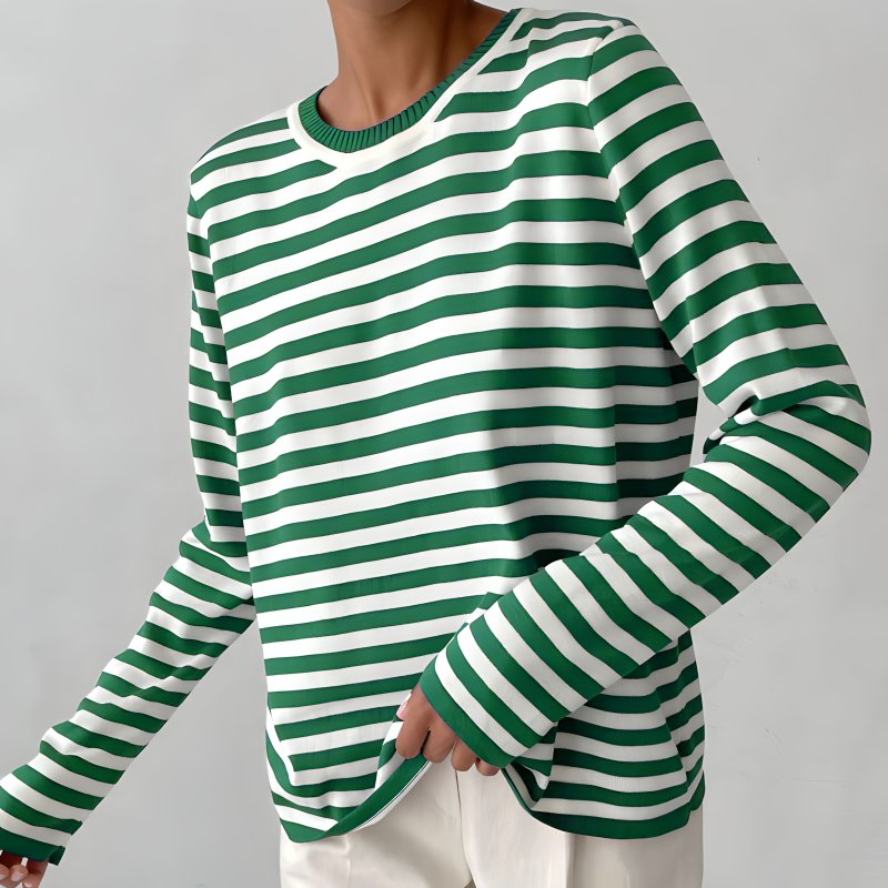 Women's Relaxed-Fit Striped Long-Sleeve Knit Jumper Top - Green