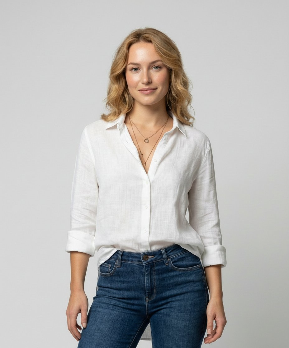 Women's Relaxed-Fit Three-Quarter Sleeve Linen Button-Up Shirt - White